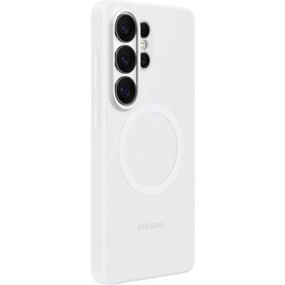 Bílý obal na smartphone se třemi otvory pro fotoaparát a kruhový designs uprostřed, kompatibilní se telefony Samsung.