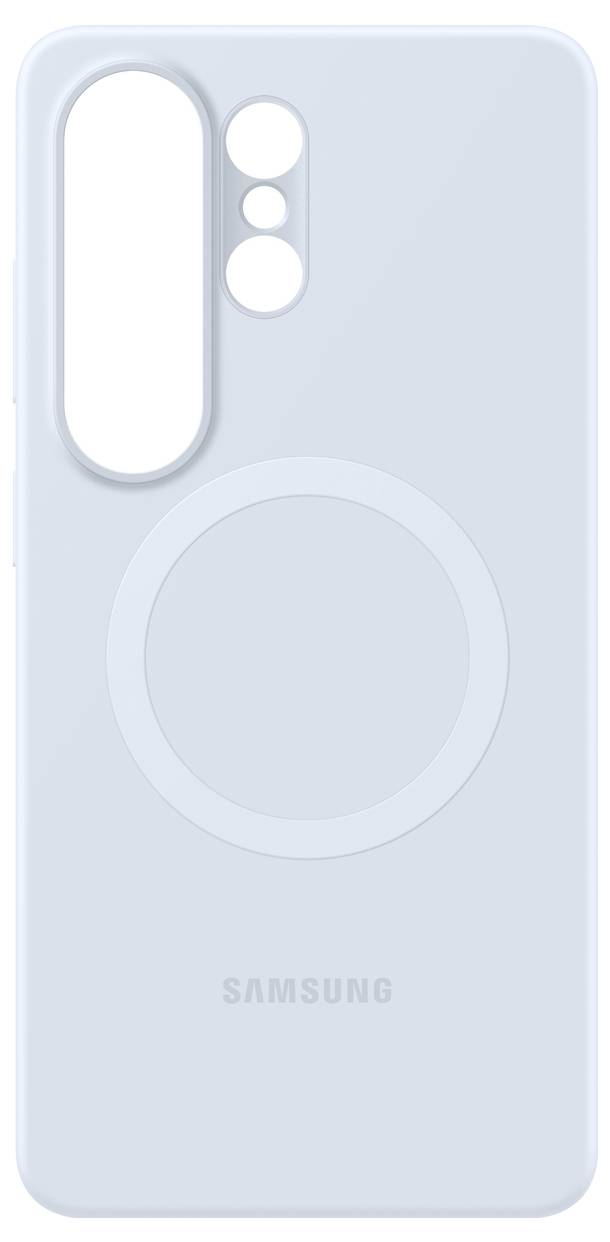 Světle modrý kryt na telefon Samsung s prázdným oválným výřezem pro kameru a kruhový design MagSafe uprostřed.