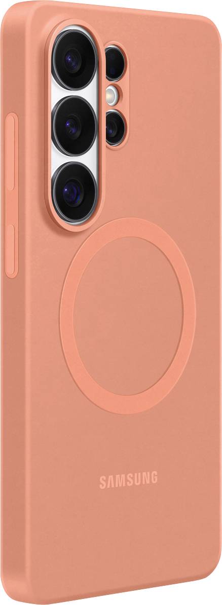 Oranžové pouzdro na Samsung smartphone s kruhovou konstrukcí MagSafe-kroužku na zadní straně, vykazující výřezy pro fotoaparát a tlačítka.