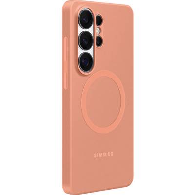 Oranžové pouzdro na Samsung smartphone s kruhovou konstrukcí MagSafe-kroužku na zadní straně, vykazující výřezy pro fotoaparát a tlačítka.