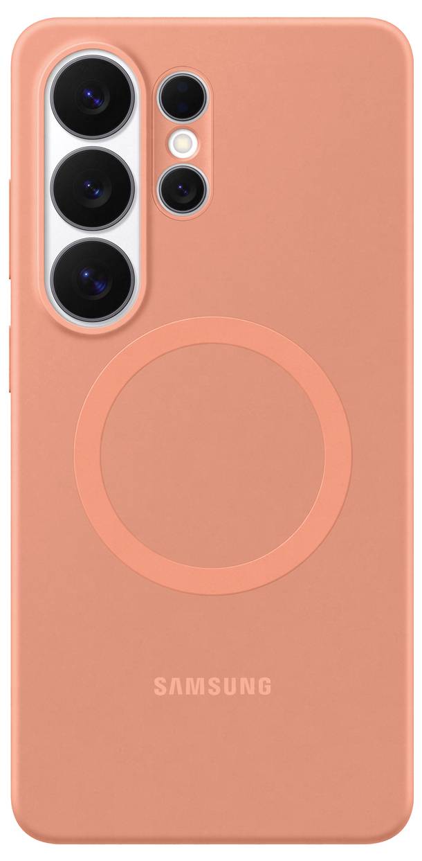 Oranžový kryt na smartphone Samsung s kulatým designem a výřezem pro fotoaparát se třemi čočkami a bleskem.