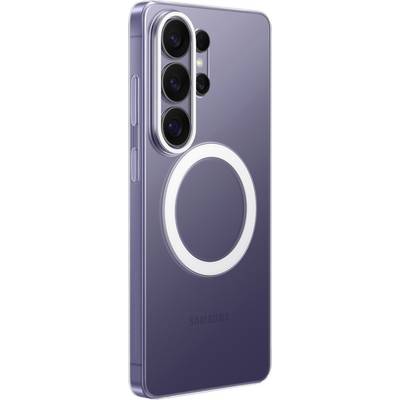Fialový smartphone s trojitým fotoaparátem na zadní straně s kulatým designovým prvkem pod fotoaparátem.