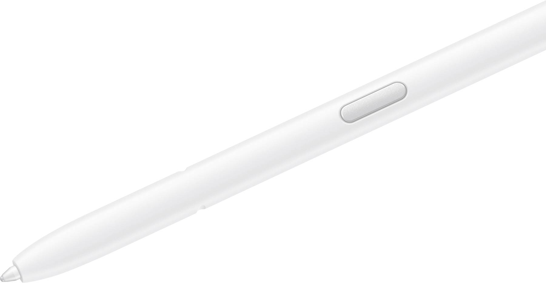 Bílé stylusové pero leží diagonálně. Mezi jeho vlastnosti patří postranní tlačítko a elegantní design, což naznačuje použití pro digitální psaní nebo kreslení.