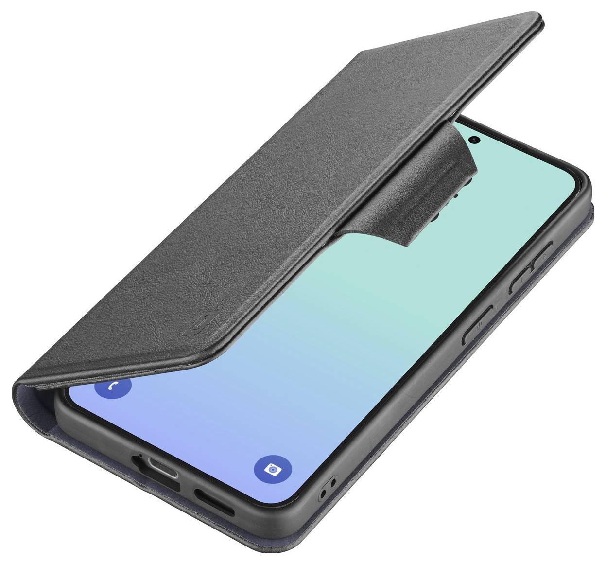 Chytrý telefon v černém koženkém pouzdru na klip se částečně viditelnou obrazovkou zobrazující jednoduchý modrozelený přechodový pozadí.