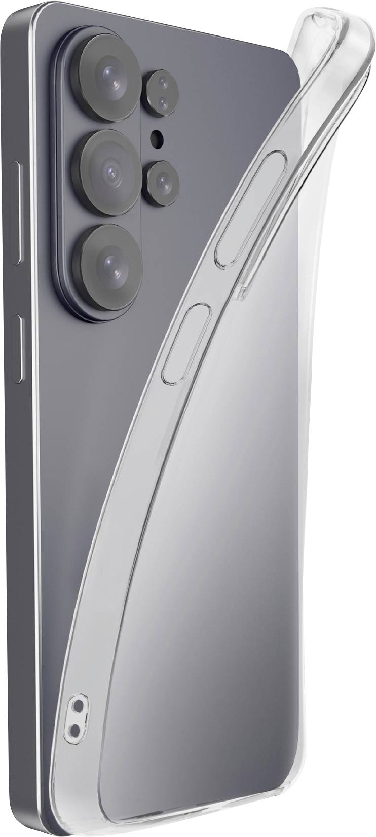 Průhledné pouzdro na telefon částečně zakrývá moderní chytrý telefon s více kamerami na zadní straně, která vykazuje elegantní design zařízení a ochrannou funkci.