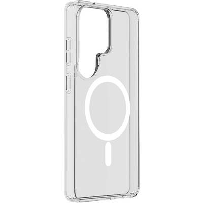 Čirá ochranná kryt pro smartphone s bílým kruhovým a svislým čárkovým designem, indikující kompatibilitu s MagSafe, na prostém pozadí.