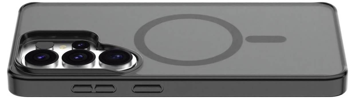 Elegantní černý kryt na smartphone ležící v rovině, který předvádí ochranný design s přesnými výřezy pro objektivy fotoaparátu a boční tlačítka.