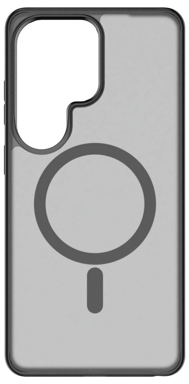 Transparentní pouzdro na smartphone se velkým tmavým prstencovitým symbolem a svislou čárou pod ním, navržené pro specifické rozmístění fotoaparátu.