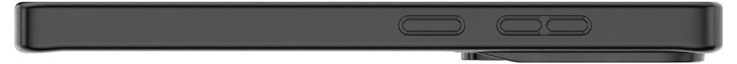 Pohled ze strany na chytrý telefon ukazující dvě obdélníkové tlačítka hlasitosti a výstupek fotoaparátu.