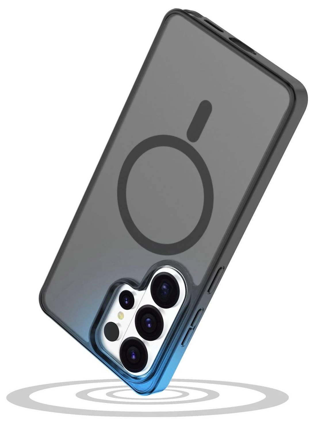 Elegantní chytrý telefon v průhledném obalu s více fotoaparáty a výrazným kulovým magnetickým symbolem na zadní straně.