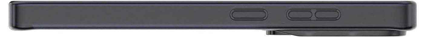 Boční pohled na černý smartphone zobrazující tlačítka hlasitosti a vyčnívající fotoaparát v pravém horním rohu.