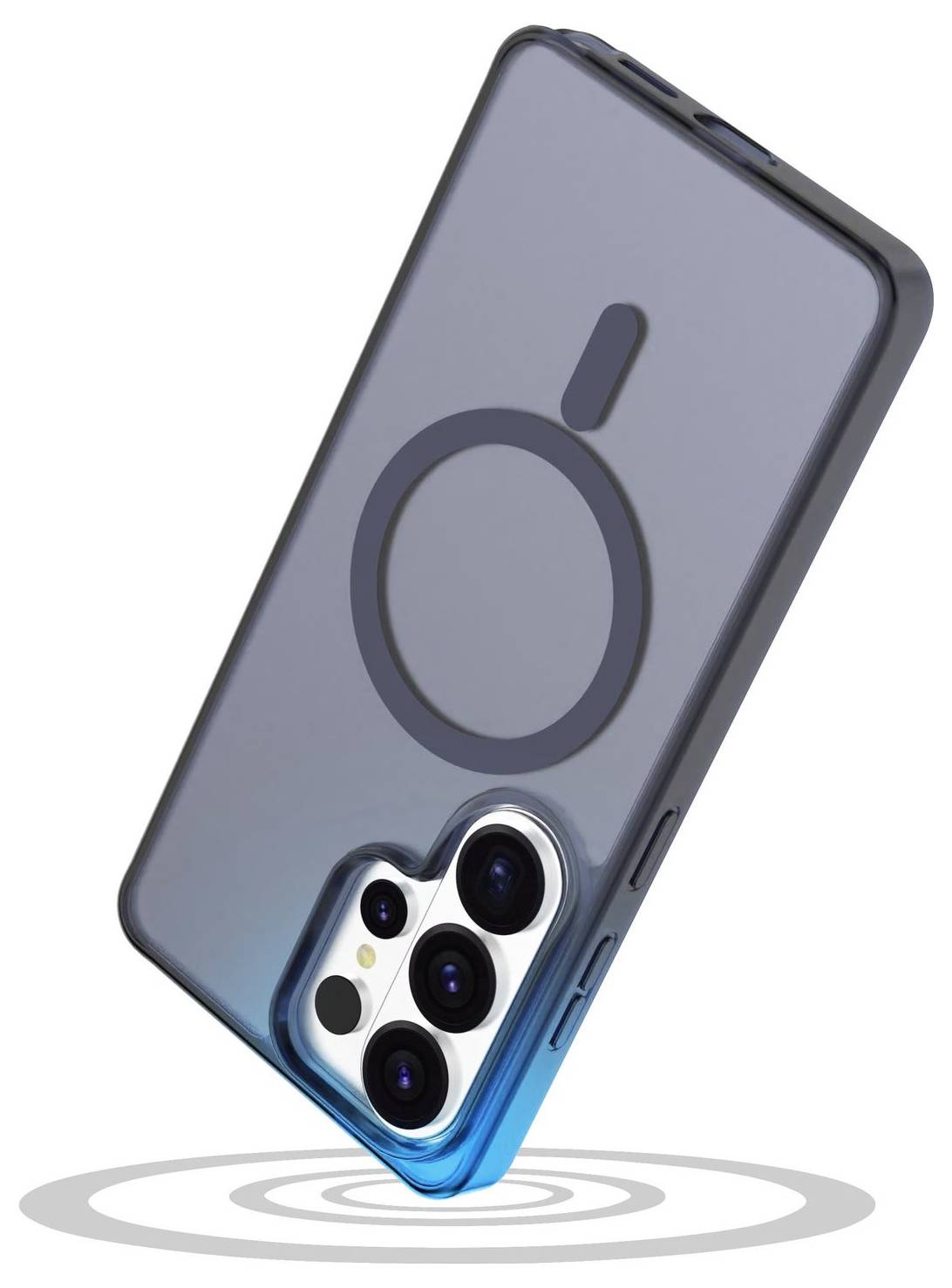 Pouzdro na telefon s MagSafe kroužkem, navržené pro iPhone se třemi objektivy fotoaparátu. Pouzdro je průhledné se šedým nádechem.