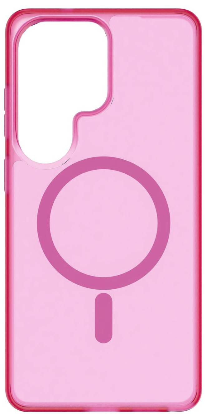 Růžové pouzdro na telefon s kruhovým designem zvětšovacího skla na zadní straně, které má velký výřez pro fotoaparát a postranní tlačítka.
