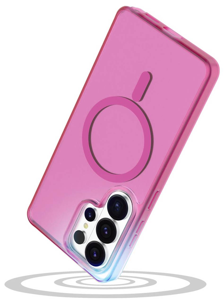 Kryt na smartphone v růžové barvě s kompatibilitou MagSafe, určený pro telefon s více fotoaparáty na zadní straně.