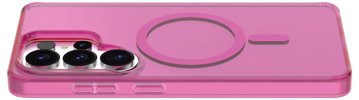 Růžový obal na telefon navržený pro smartphone se čtyřmi objektivy fotoaparátu, vykazující kompatibilitu s MagSafe a vestavěným magnetickým kroužkem.