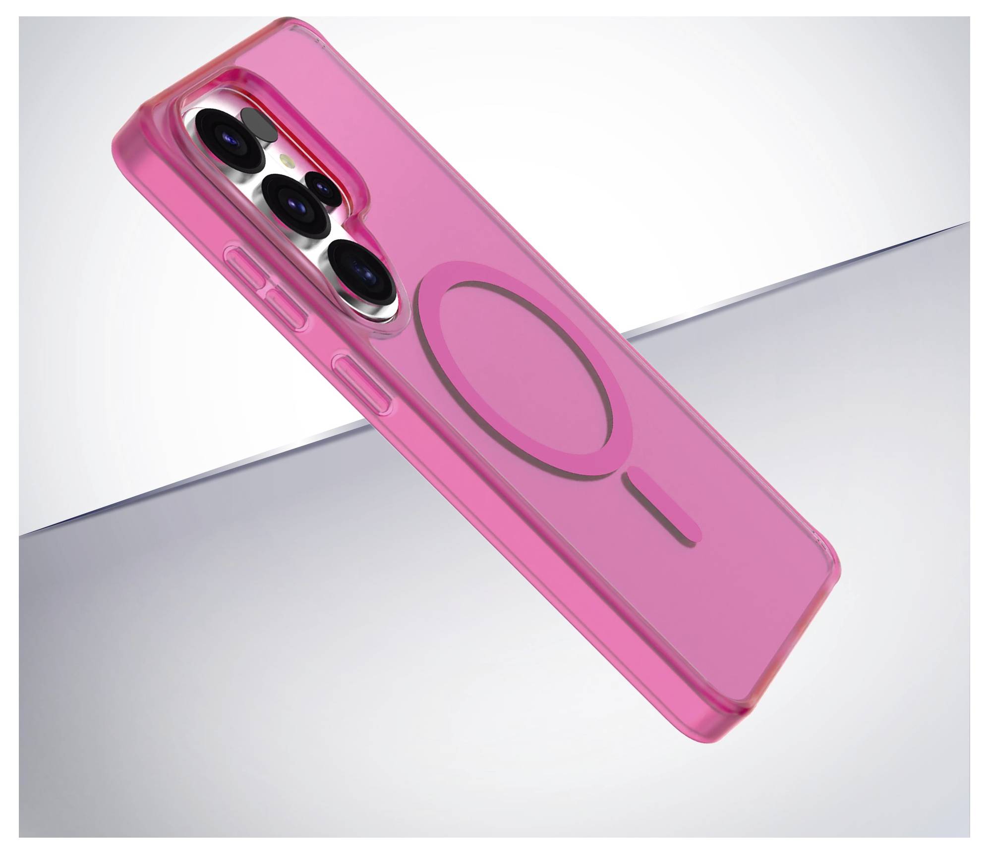 Růžové pouzdro na telefon se třemi otvory pro fotoaparát a centrálním kruhovým designem na lesklém povrchu.