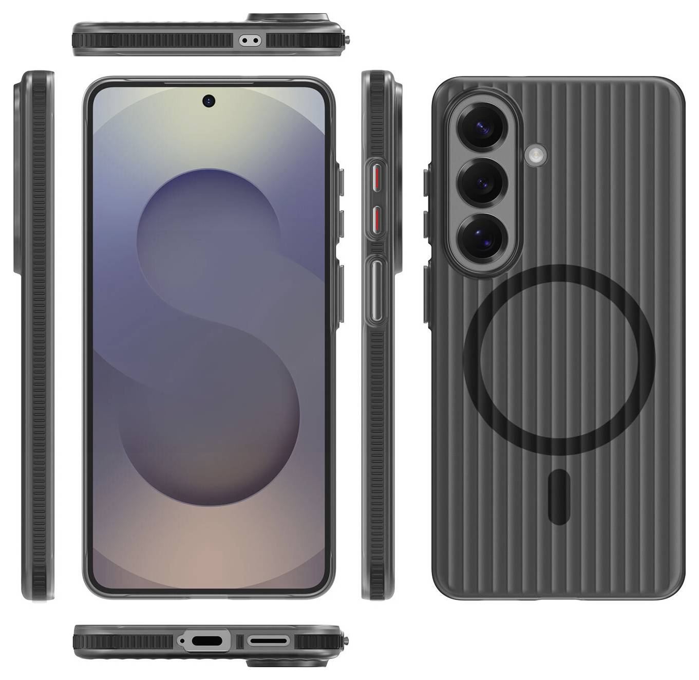 Obrázek zobrazuje smartphone v pouzdru s žebrovanou texturou a třemi zadními fotoaparáty, který je zobrazen z více úhlů.