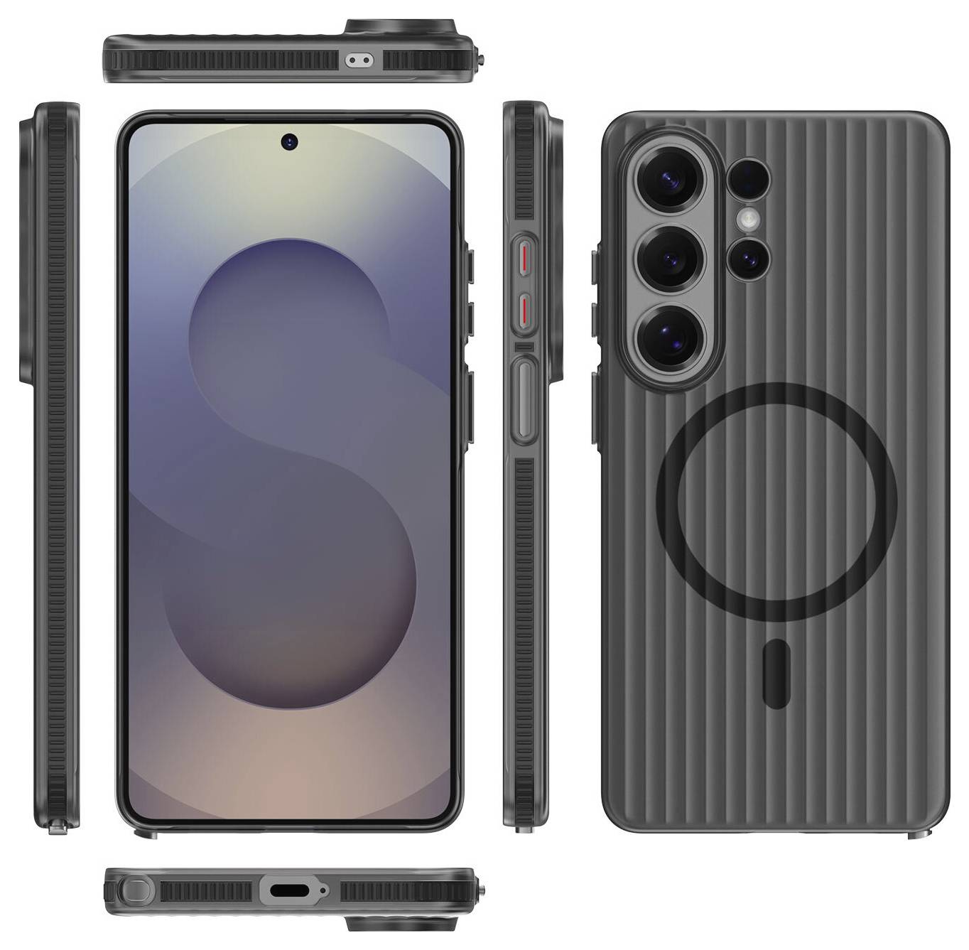 Elegantní smartphone s texturaovaným pouzdrem, zobrazující více pohledů ze stran. Přední displej ukazuje minimalistickou tapetu s gradientním tvarem písmene "S".