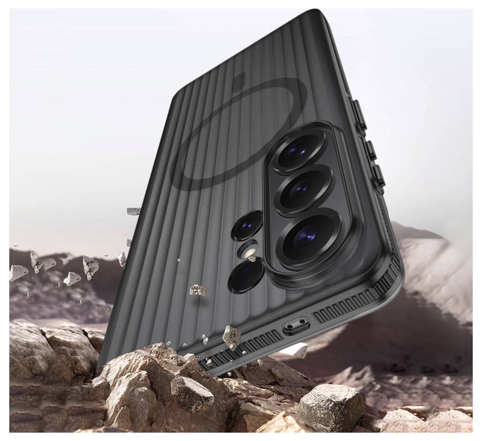 Odolný chytrý telefon s trojitou kamerou padá na skalnaté terénu, což předvádí jeho trvanlivost a robustní design v divočině.