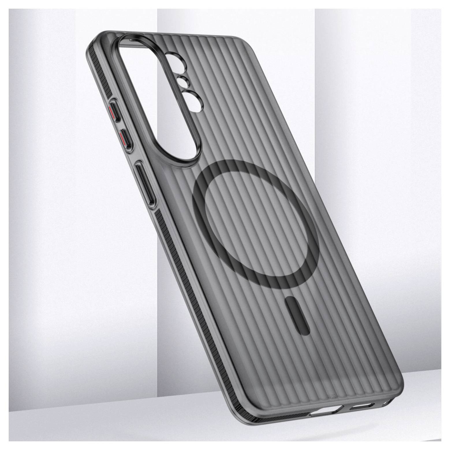 Tenký šedý obal na telefon s vertikálními drážkami a MagSafe-kompatibilním kroužkem, zdůrazňující ochranný, ale elegantní design.