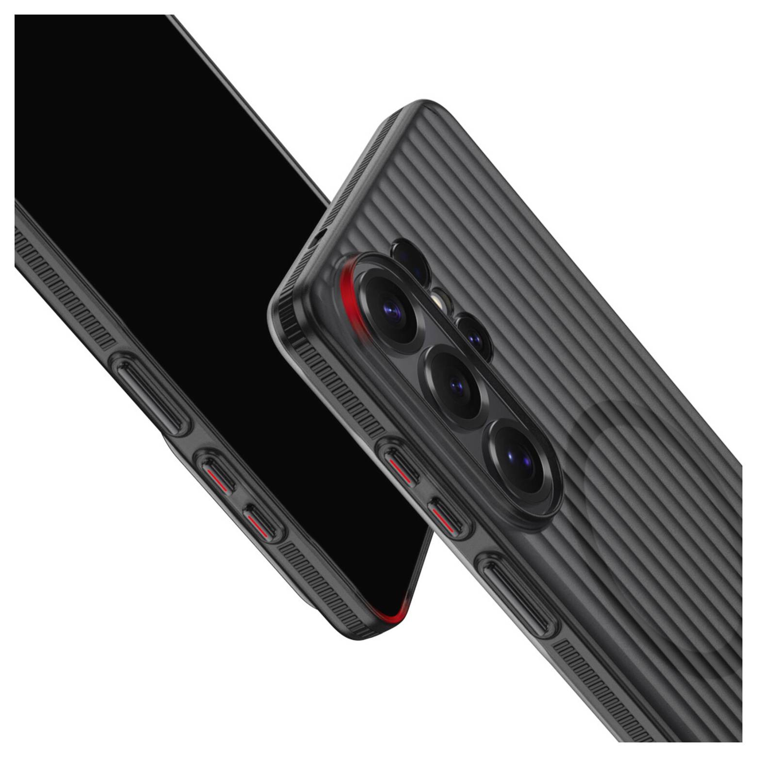 Detailní pohled na elegantní moderní chytrý telefon s tmavým strukturovaným pouzdrem, který zdůrazňuje jeho čtyřnásobnou kamerovou soustavu a detailní prvky tlačítek.