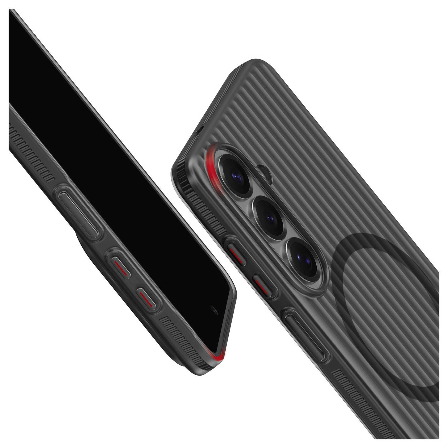 Elegantní černý smartphone s textilní ochrannou soupravou a červenými akcenty, zdůrazňující trojitý zadní fotoaparát a boční tlačítka.