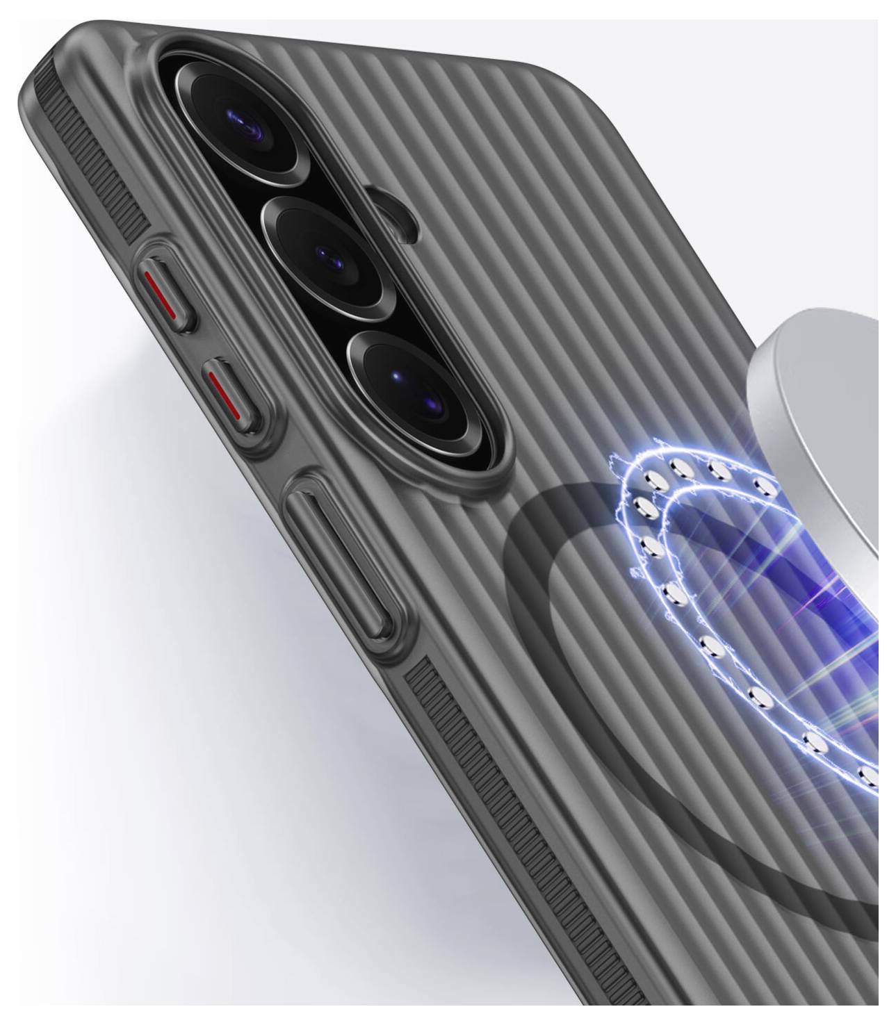 Detailní snímek chytrého telefonu s texturovaným černým pouzdrem zobrazující tři zadní kamery a kruhový magnetický prvek na zadní straně.