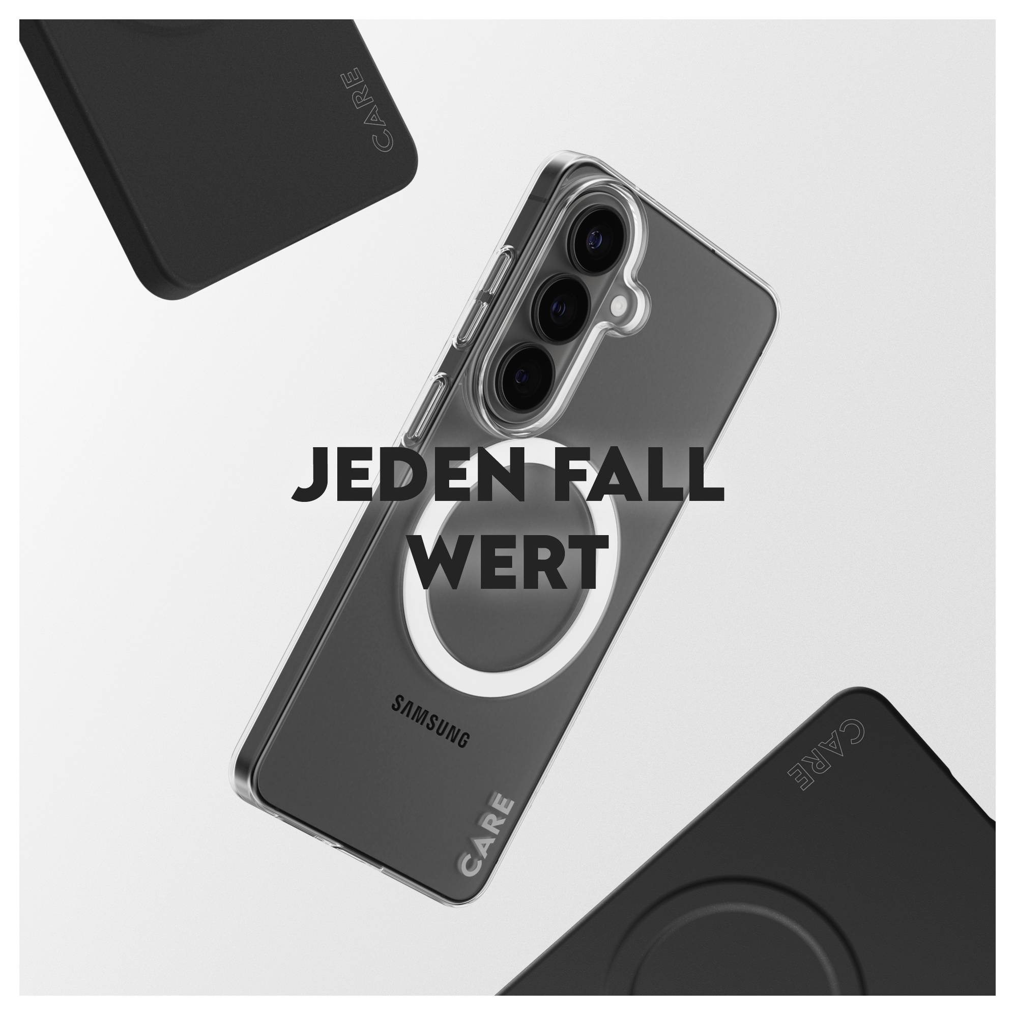 Transparentní pouzdro na telefon s logem značky „SAMSUNG" a „CARE", v centru je tučný text „JEDEN FALL WERT".