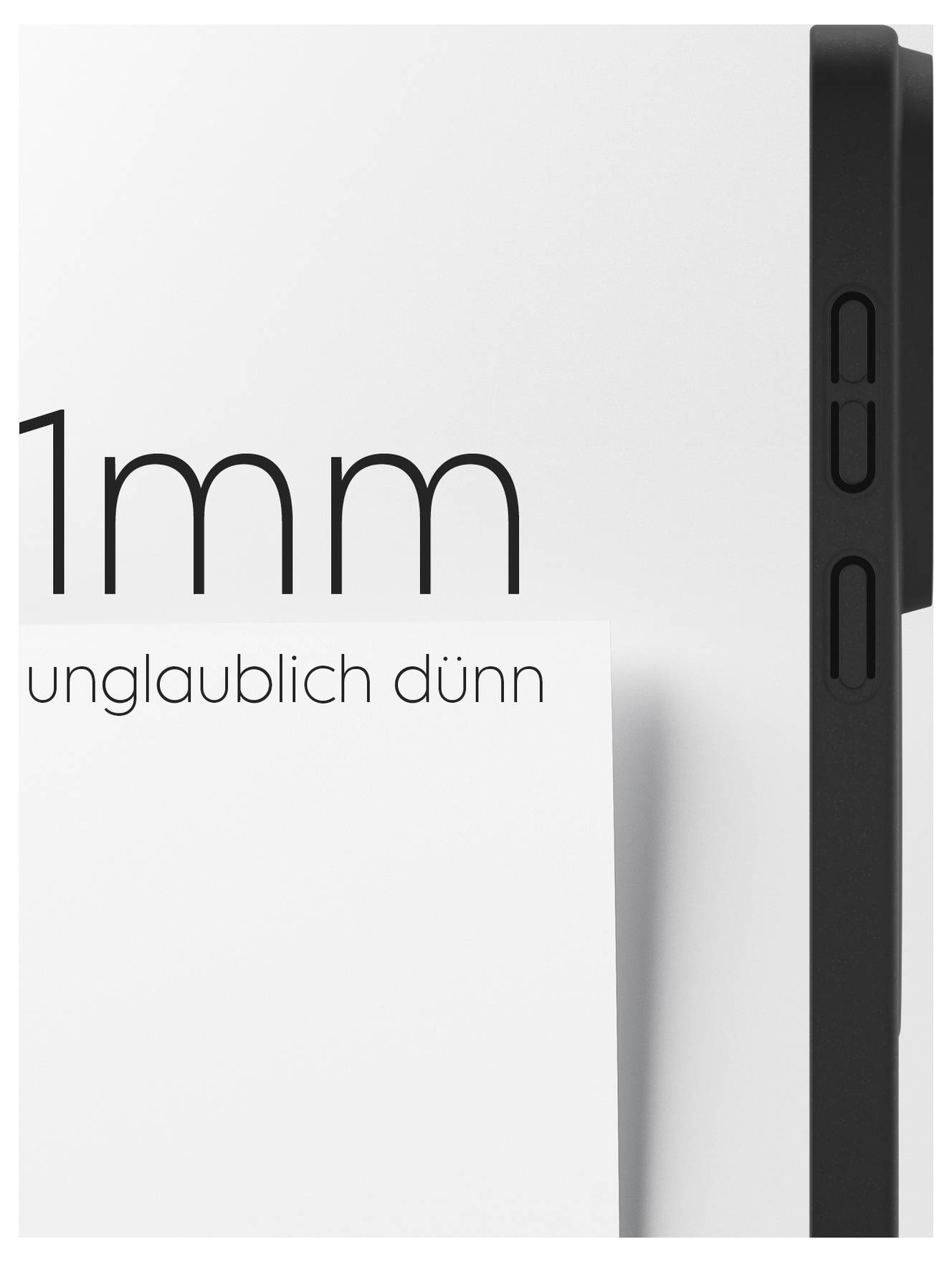 '1mm neuvěřitelně tenká' text vedle pohledu ze strany velmi tenký černý tablet s viditelnými ovládacími tlačítky, zdůrazňující jeho štíhlost.