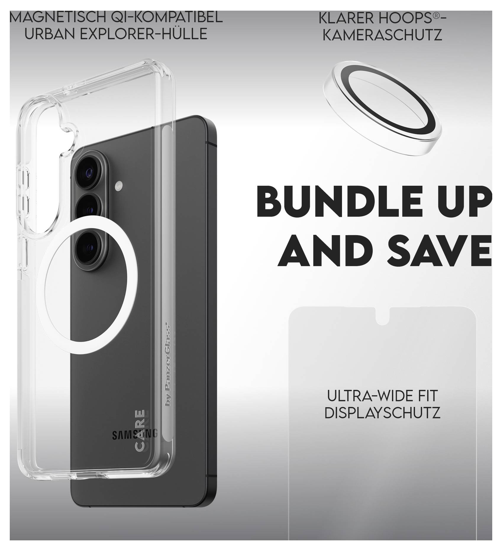 Transparentní kryt na telefon a kulatý chránič fotoaparátu pro zařízení Samsung. Text: 'Kupte balíček a ušetřete', 'Magneticky kompatibilní s Qi', 'Ultra-Wide Fit'.