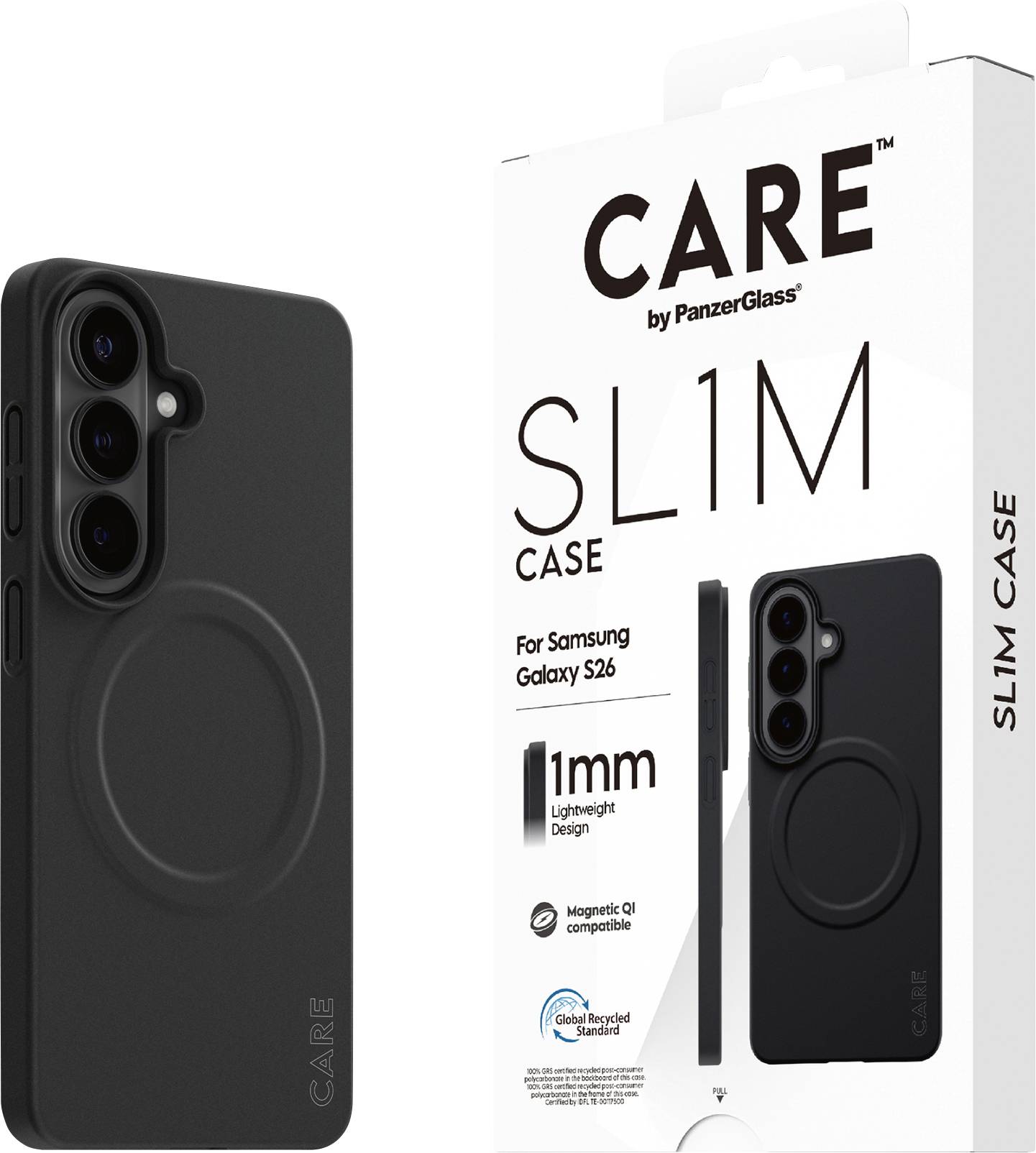 Balení „CARE SLIM CASE od PanzerGlass" a černý kryt telefonu pro Samsung Galaxy S26, zvýrazňující „Design lehký 1mm" a „Kompatibilní s magnetickým Qi".