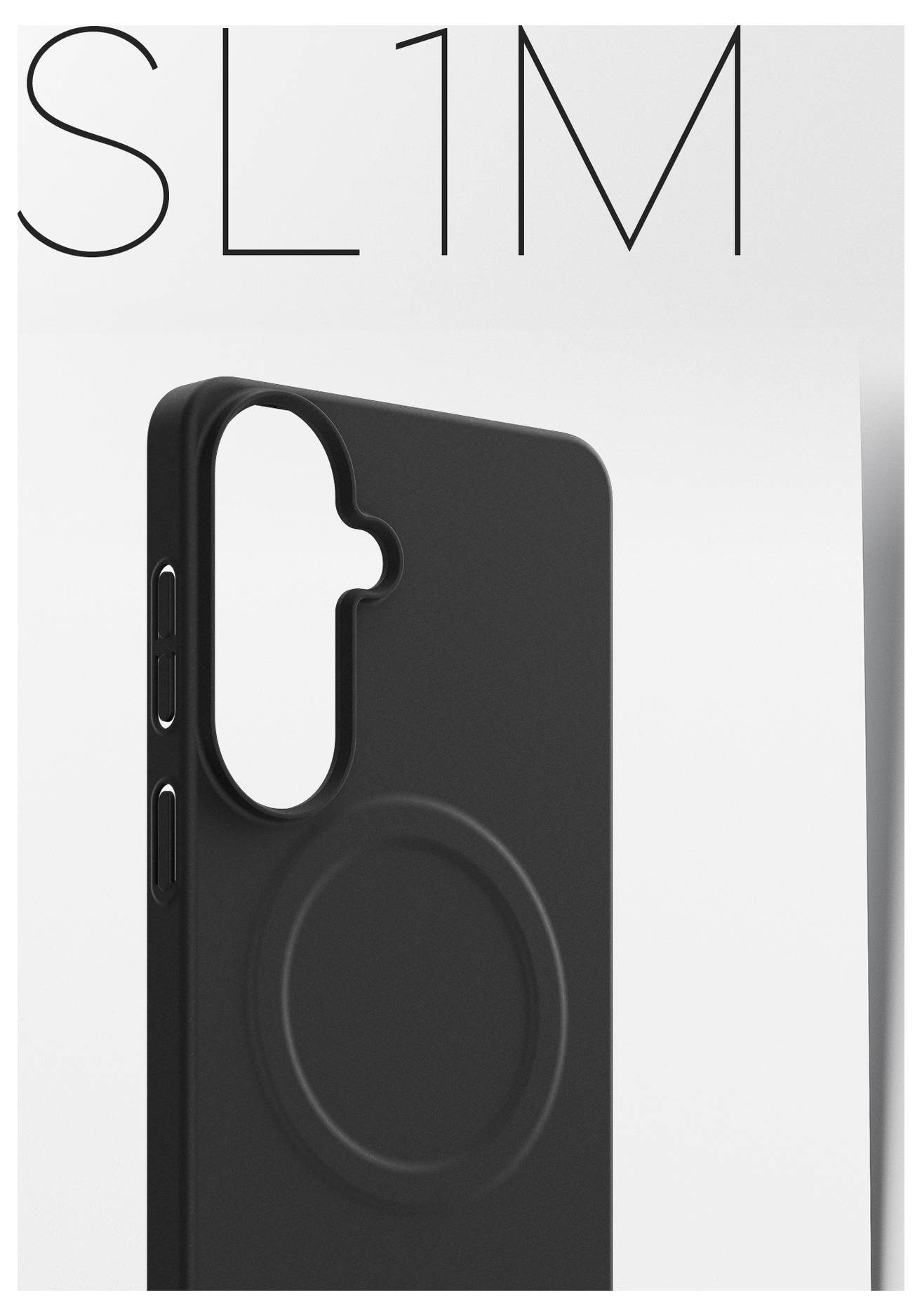 Pouzdro na smartphone 'SL1M' v černé barvě s kruhovým drážkem pro fotoaparát, minimalistický design.