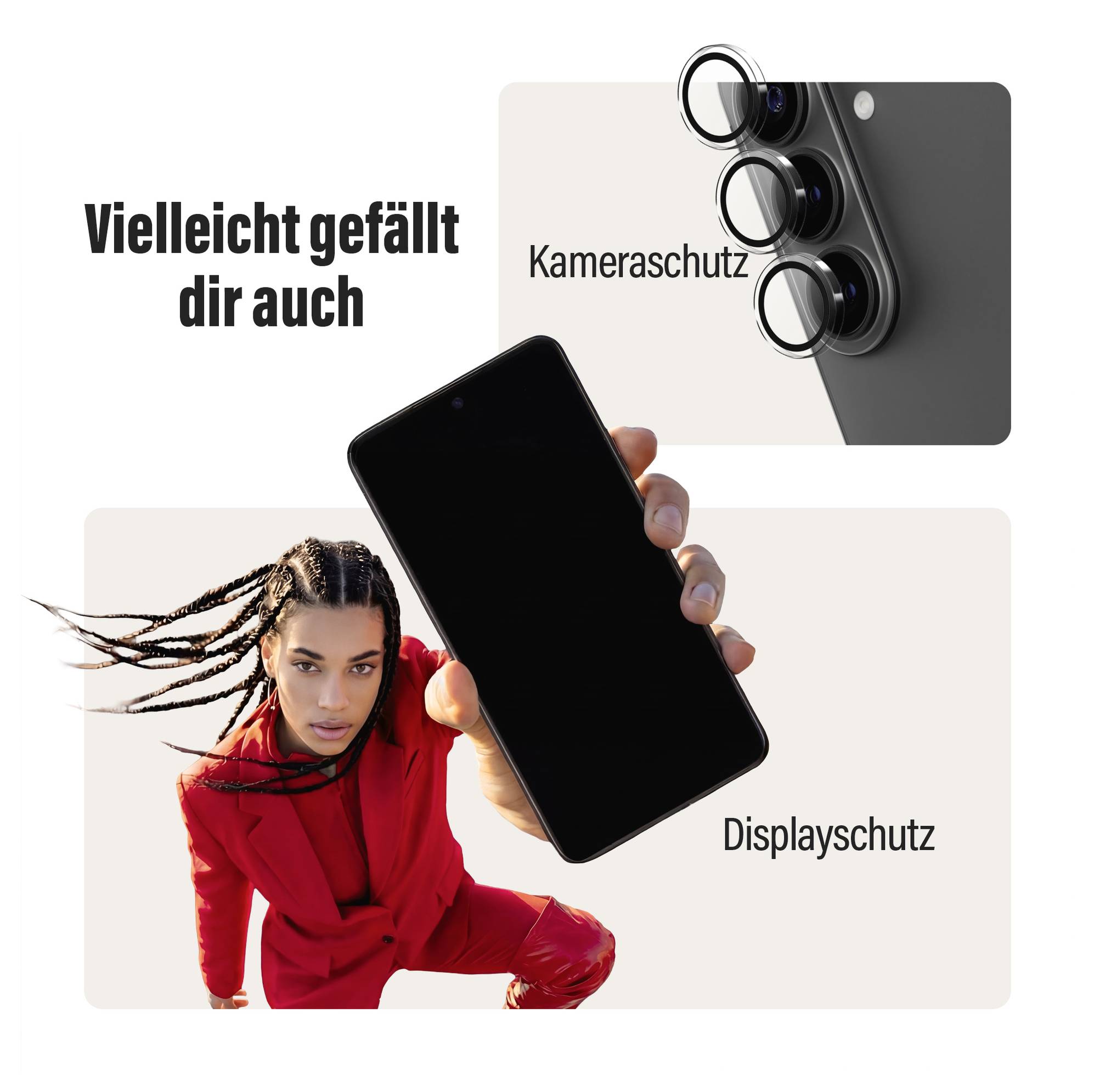 "Možná se ti bude líbit také" text s rozděleným obrázkem zobrazujícím ochranu kamery telefonu nahoře a osobu v červeném držící telefon dole.