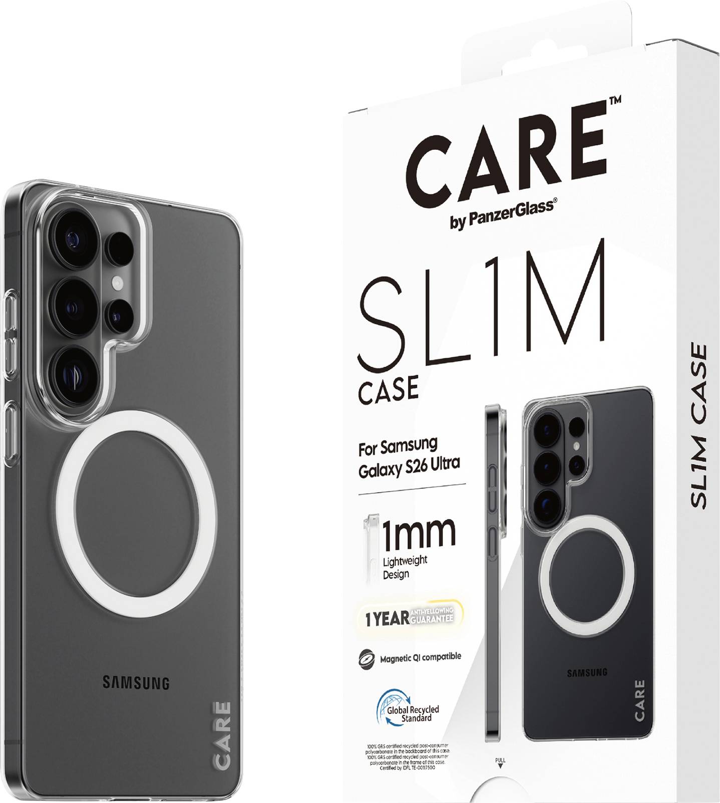 Pouzdro na telefon Samsung Galaxy S26 Ultra od společnosti CARE. Zobrazení 'SL1M Case' se zdůrazněním lehkého designu o tloušťce 1mm a jednoroční zárukou.