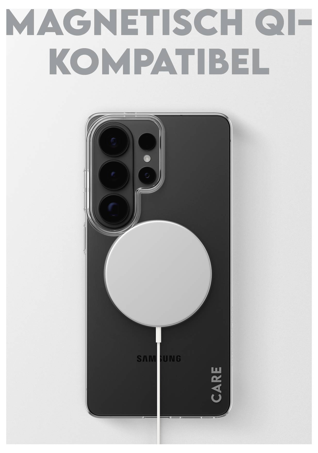 Telefon Samsung s magnetickou nabíječkou kompatibilní s Qi připevněnou na zádech. Text výše zní: Magnetický Qi-kompatibilní.