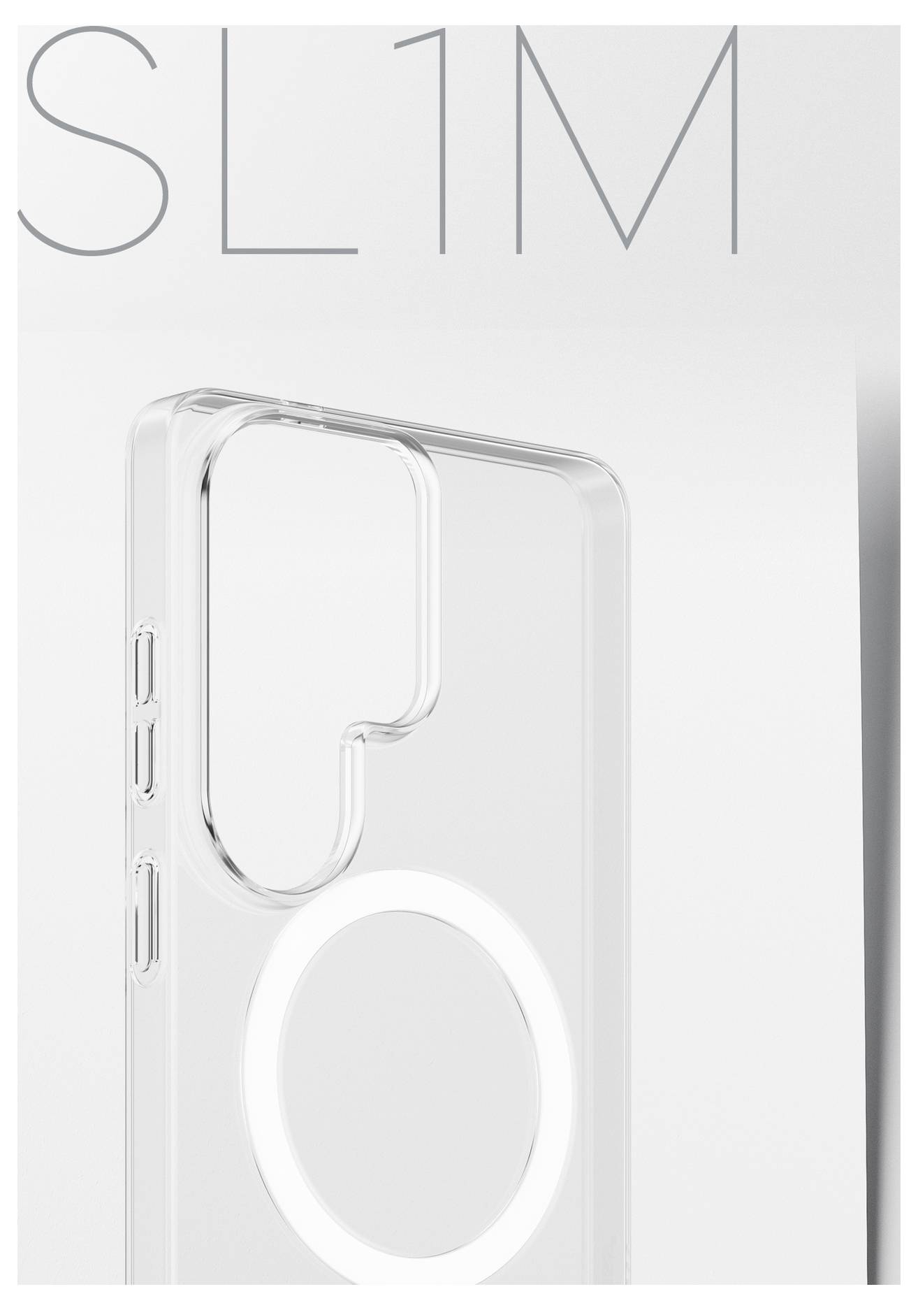 Pouzdro na telefon „SL1M" vykazující elegantní, průhledný design s přesnými výřezy pro fotoaparát a tlačítka, zdůrazňující minimalistickou eleganci.