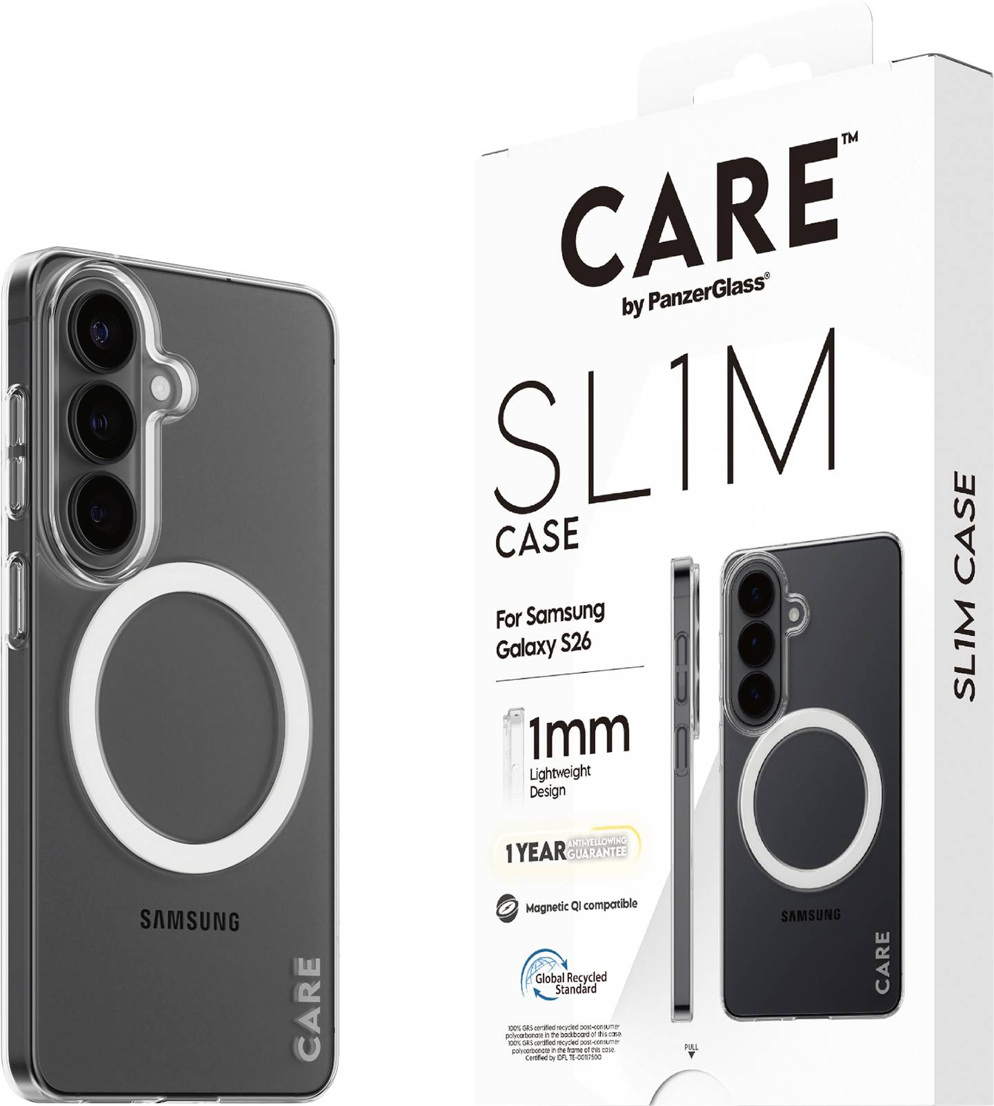 Čirý kryt telefonu pro Samsung Galaxy S26 s magnetickým kroužkem, zobrazen vedle jeho balení. Balení obsahuje podrobnosti o značce a produktu.