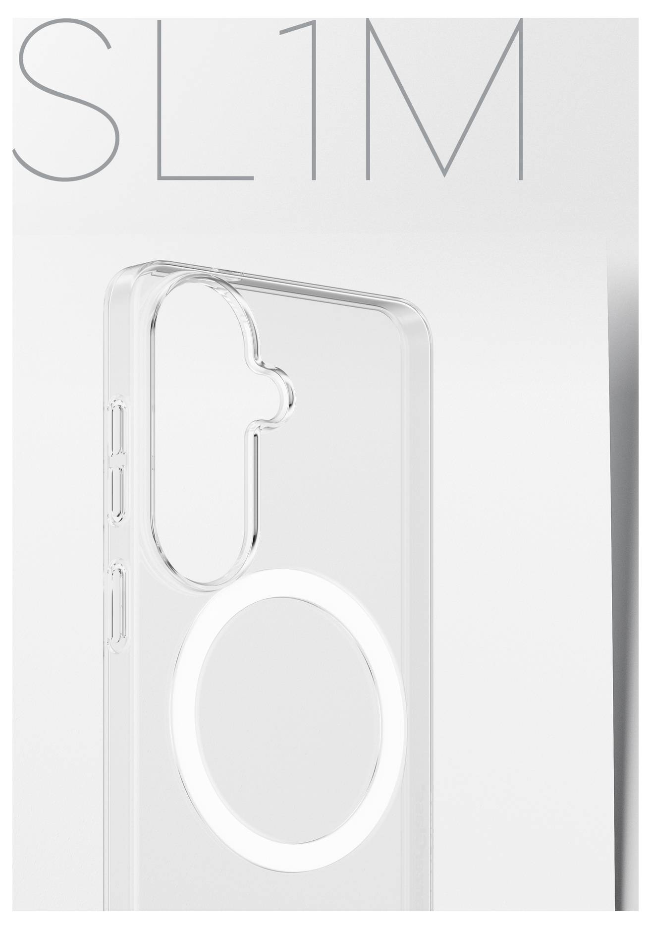 Čirý kryt telefonu s kulatým výřezem MagSafe a textem 'SL1M' umístěným výše.