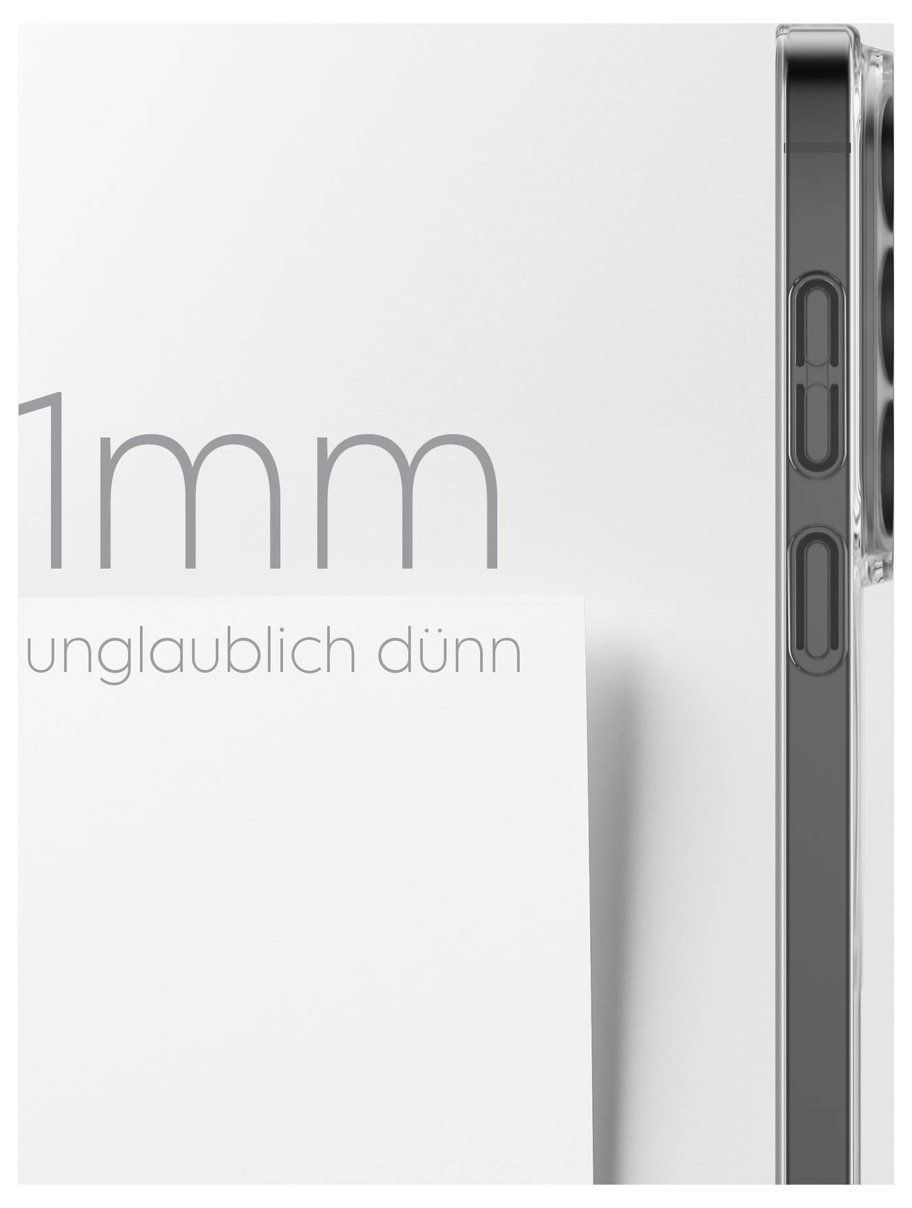 Boční profil elegantního smartphonu vedle listu papíru. Text na obrázku: „1mm neuvěřitelně tenký" naznačující štíhlost.