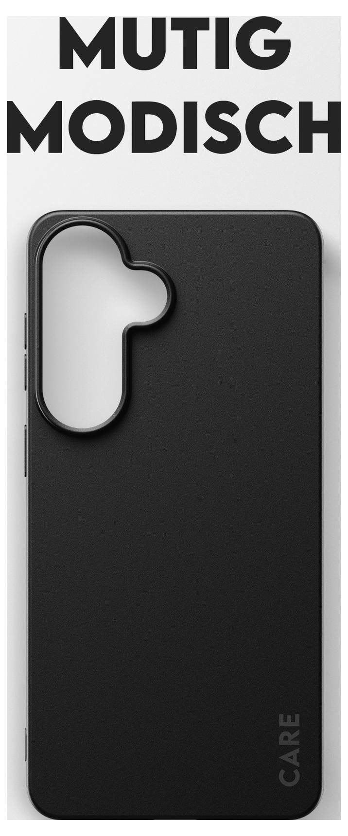 'Mutig Modisch' text nad elegantním, černým pouzdrem na telefon s výřezy pro fotoaparát a tlačítka, označeným 'CARE' v dolní části.