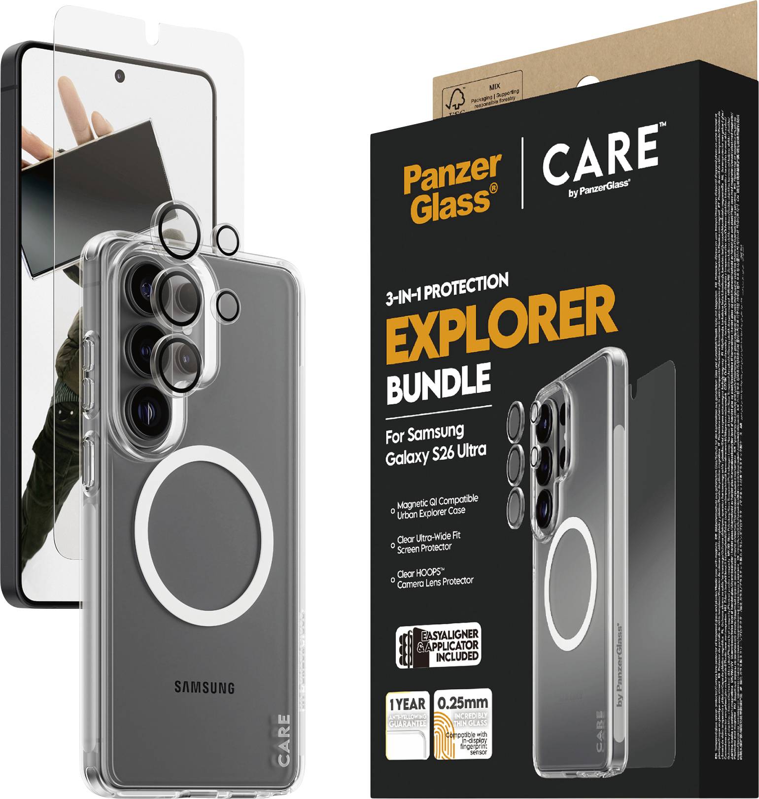 Balíček „PanzerGlass Explorer Bundle" pro Samsung Galaxy S26 Ultra obsahuje pouzdro, ochranné sklo na displej a kryt na objektivy fotoaparátu. Zobrazeno balení.