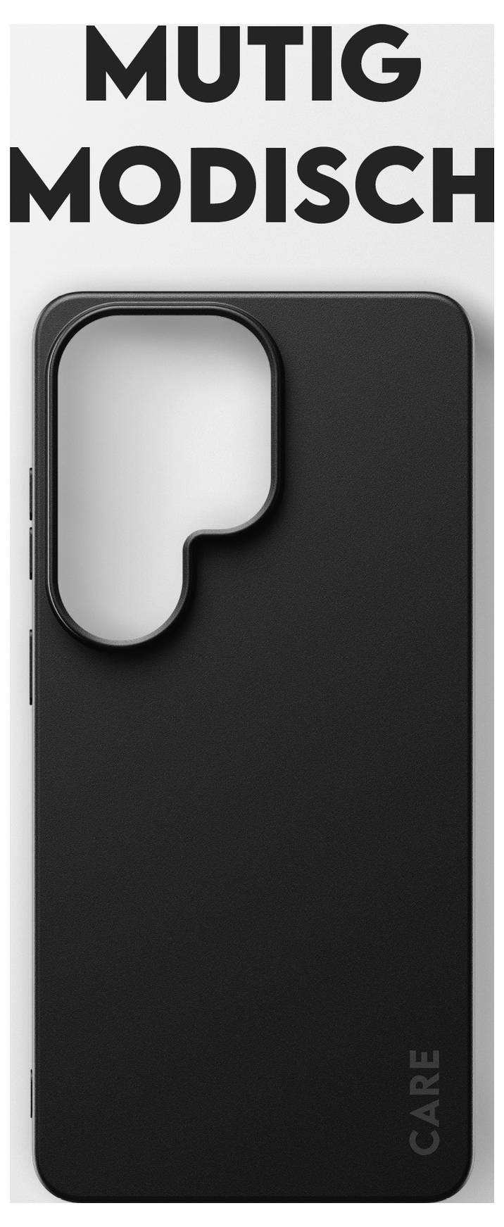 Pouzdro na telefon 'Mutig Modisch' s elegantním černým designem a jedinečným vyrezem pro fotoaparát, označené 'CARE' v dolní části.