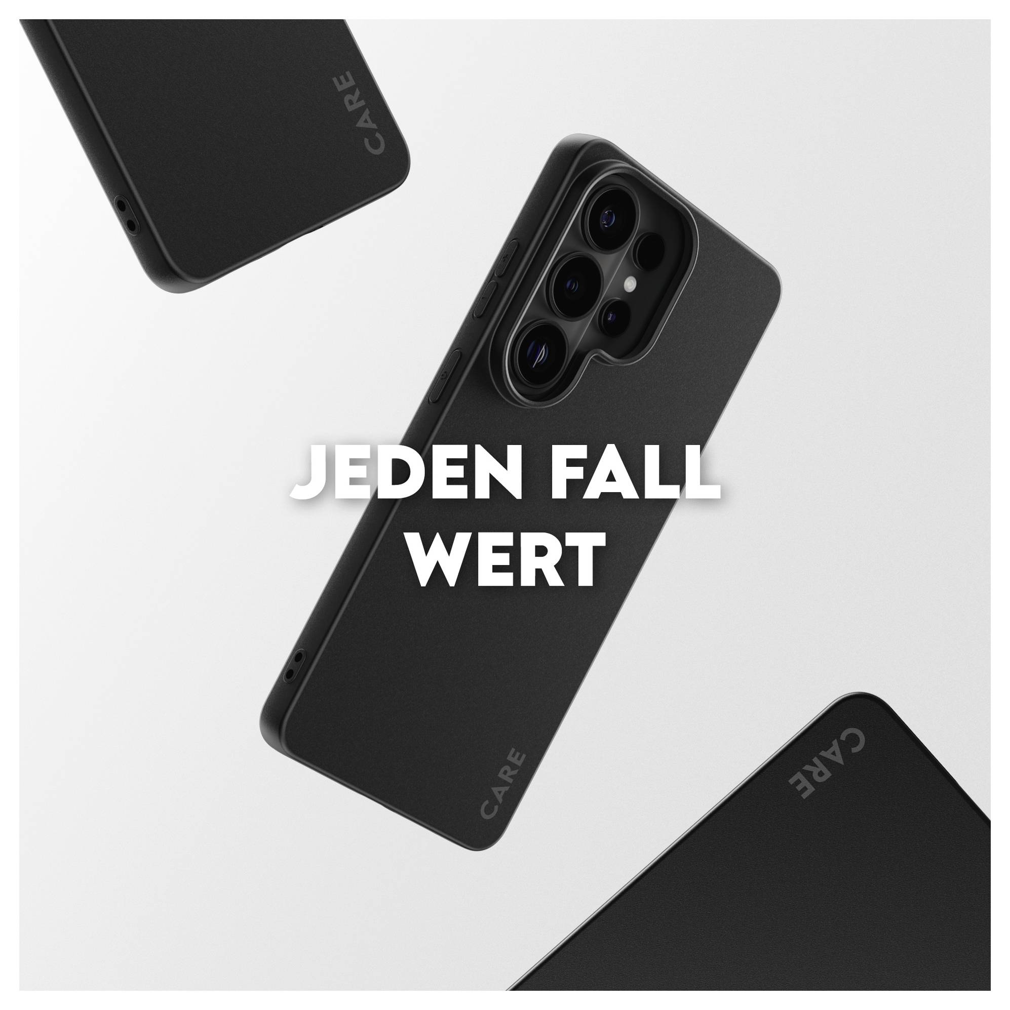 Obaly na chytrý telefon označené "CARE" na bílém pozadí s textem "JEDEN FALL WERT" překrývajícím obrázek.