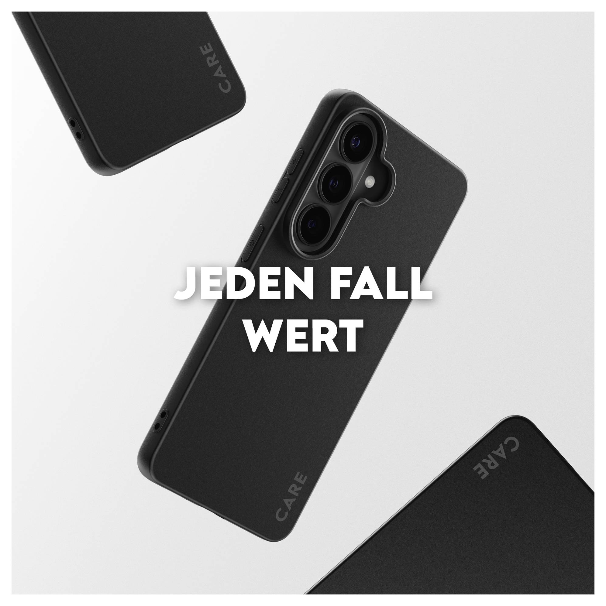 Černý obal na telefon se slovem "CARE" na straně, s "JEDEN FALL WERT" v tučném bílém textu nanesen na obrázek.