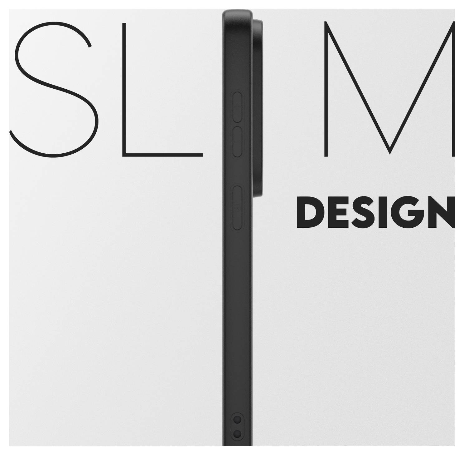 Boční pohled na tenký chytrý telefon se slovy „SLIM DESIGN" naznačující elegantní a moderní vzhled.