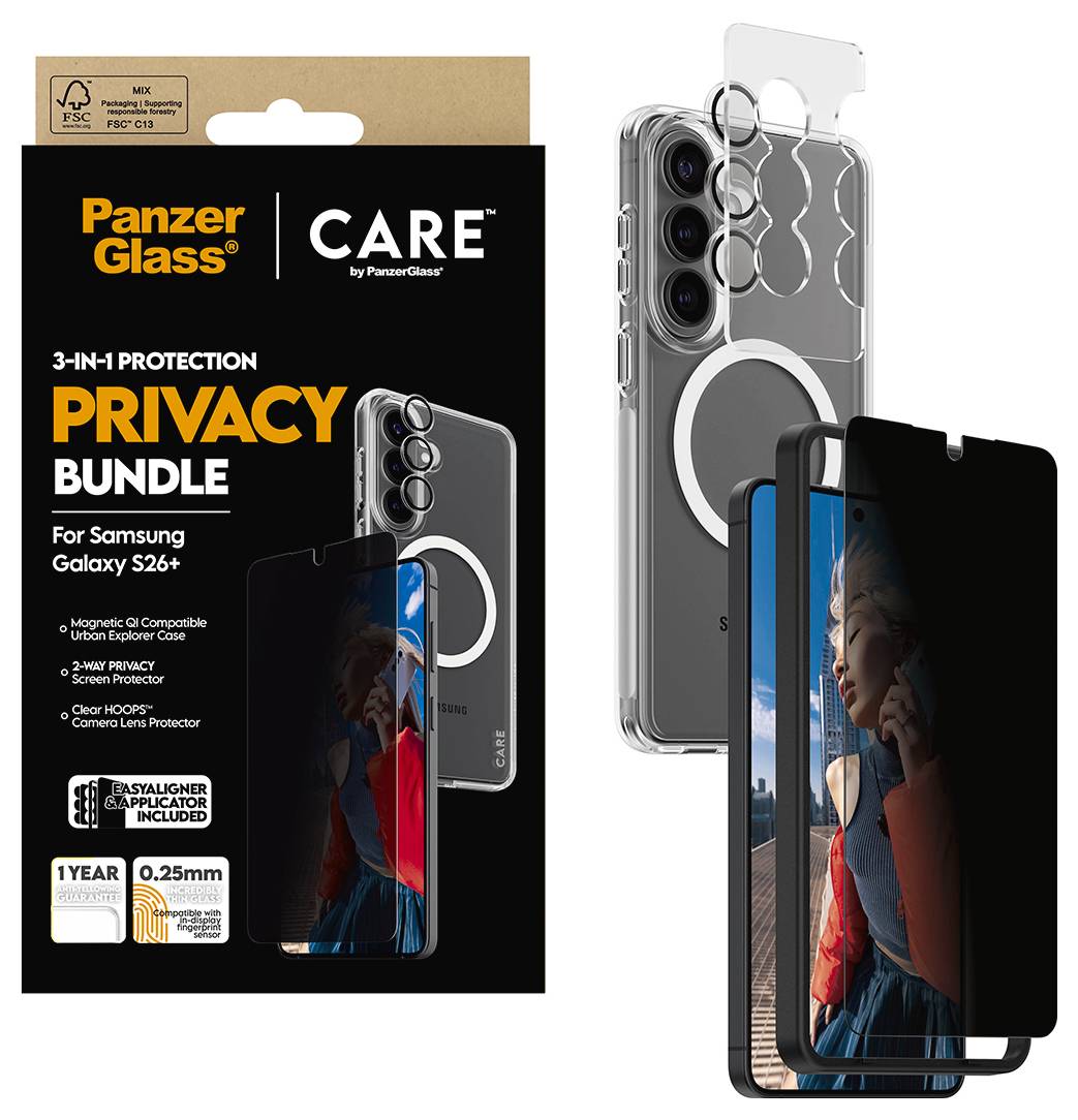 PanzerGlass sada 3v1 Protection Privacy Bundle pro Samsung Galaxy S26+: Tvrzený kryt, ochrana obrazovky s filtrováním soukromí, ochrana čočky fotoaparátu.