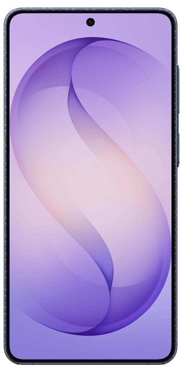 Přední pohled na chytrý telefon, displej je zapnutý a zobrazuje barevný přechod od fialové k broskvové barvě se zakřiveným tvarem písmene "S". Nejsou viditelné žádné ikony ani text.