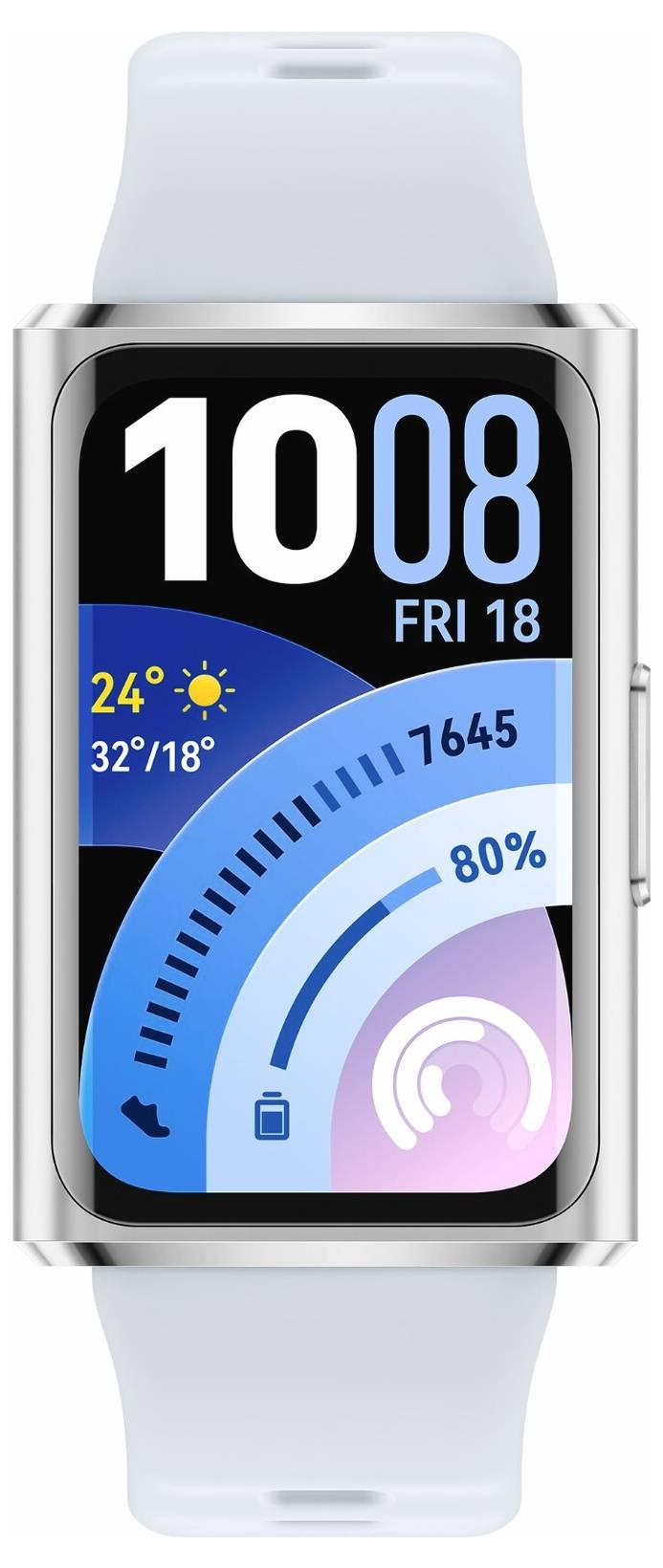 Chytré fitness zařízení zobrazující čas „10:08", datum „Pá 18", počasí „24°C", počet kroků „7645" a úroveň baterie „80%".