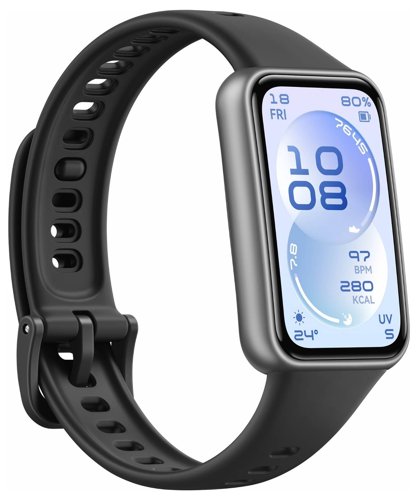 Chytré hodinky s černým páskem zobrazující čas "10:08", datum "18 PÁT", tepovou frekvenci "97 THP", kalorie "280 KCAL", teplotu "24°C".