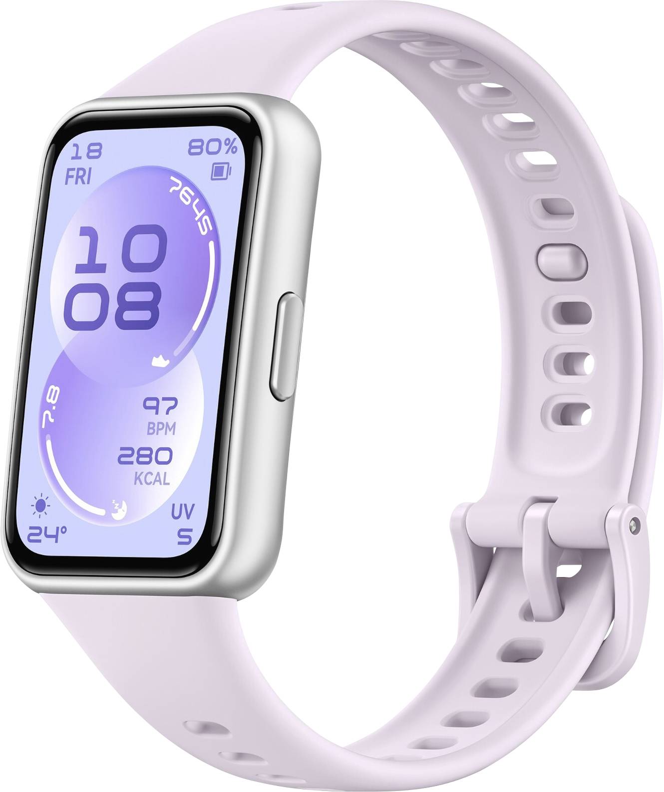 Chytré fitness hodinky s měkkým růžovým páskem zobrazují čas, datum, počasí, tepovou frekvenci, kroky, spálené kalorie a UV index.